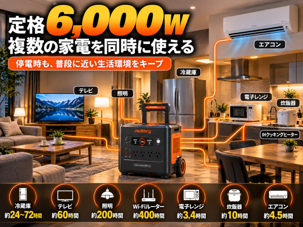 キッチン＋リビングの複数家電を同時使用。エアコン・冷蔵庫・電子レンジ・炊飯器・テレビなど