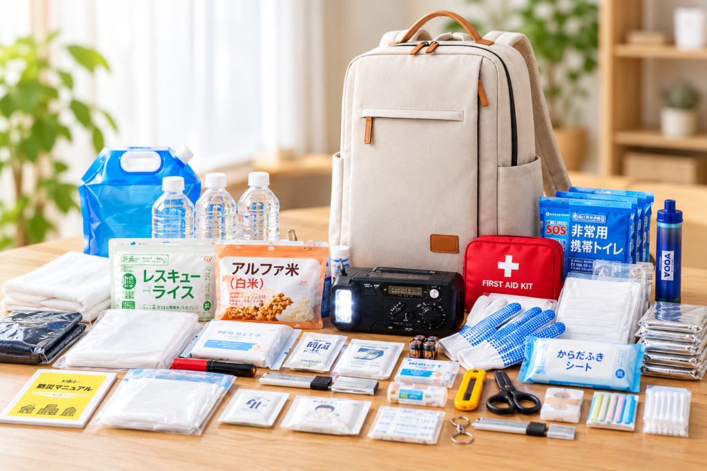 あかまる防災かばんのリュック全体と防災用品のセット