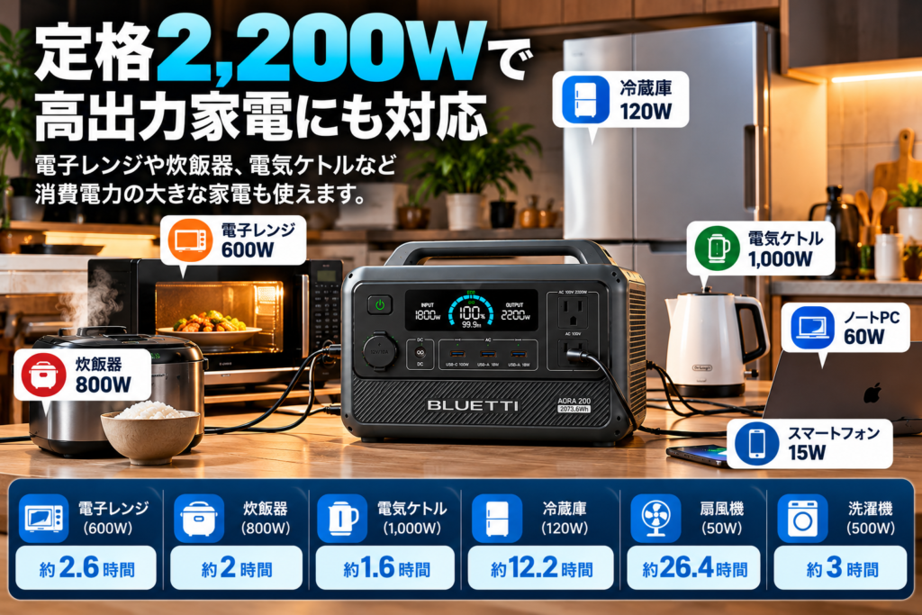 住宅のキッチンで高出力家電を使うシーン。電子レンジ・炊飯器・電気ケトルなど＋AORA 200。「定格2,200W」を強調