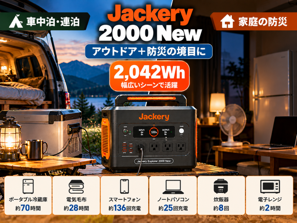 左側を車中泊、右側を停電した住宅にした2分割構成。中央に2000 New