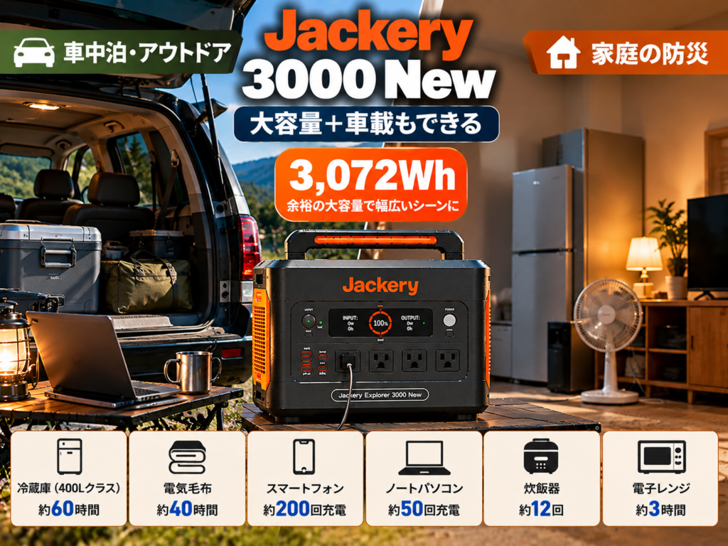 SUVやミニバンの荷室と3000 New。住宅防災も小さく背景に入れる