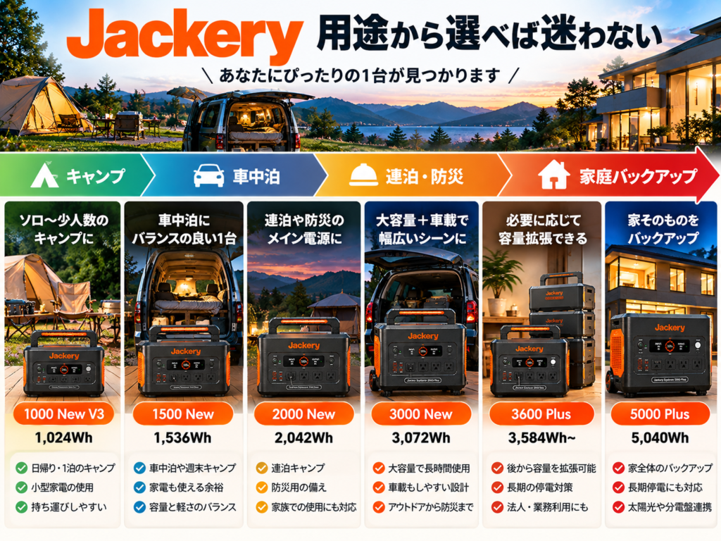 6機種を用途別に一本道・チャート風に配置。「キャンプ→車中泊→防災→家庭バックアップ」と進む