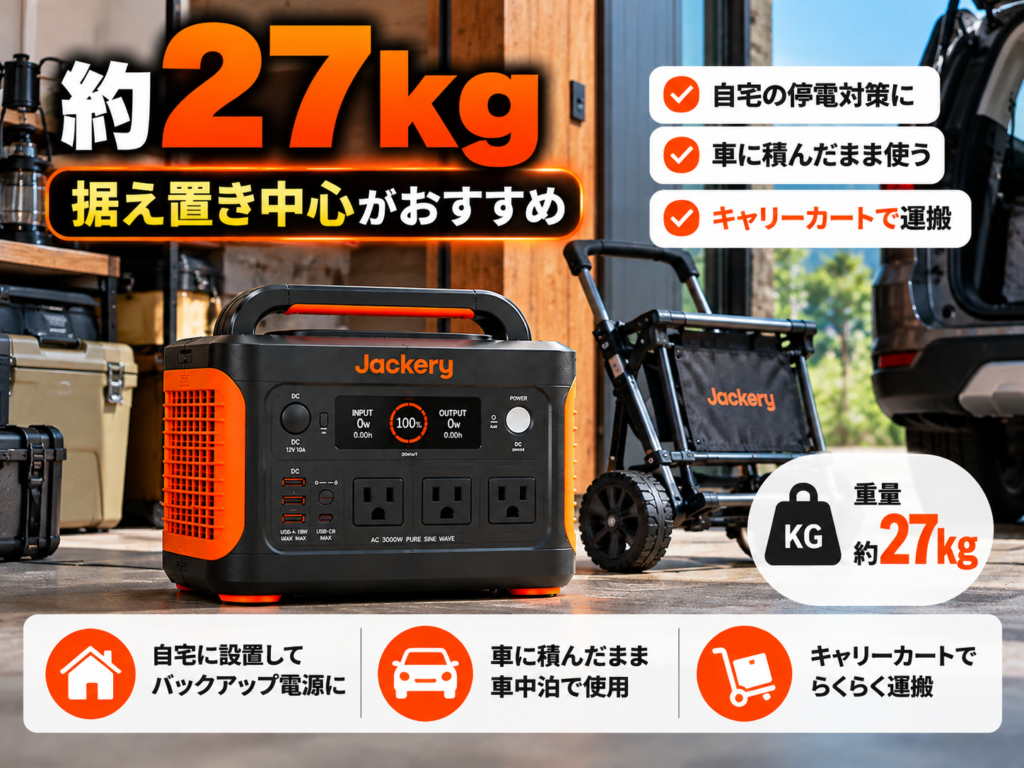 3000 Newを玄関・ガレージ付近に置き、横にキャリーカートを配置。人が持ち上げる画像にはせず、据え置き中心の使い方を表現