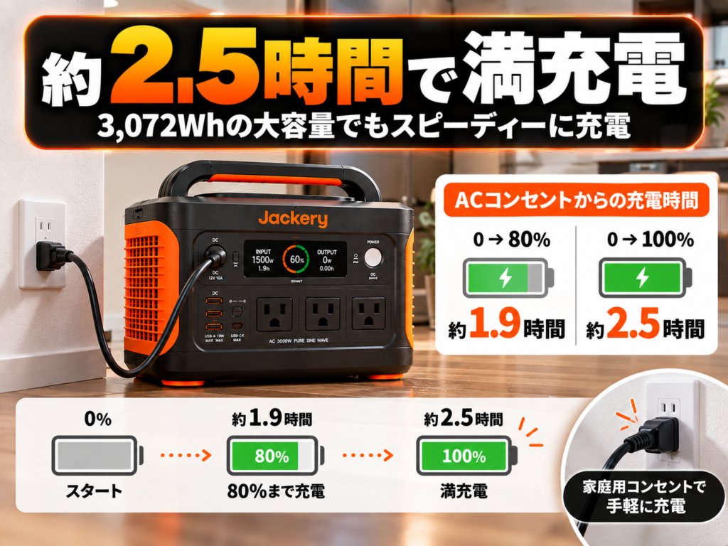 コンセントから3000 Newへ充電しているクリーンな図解。バッテリーゲージを0→80％→100％と表現