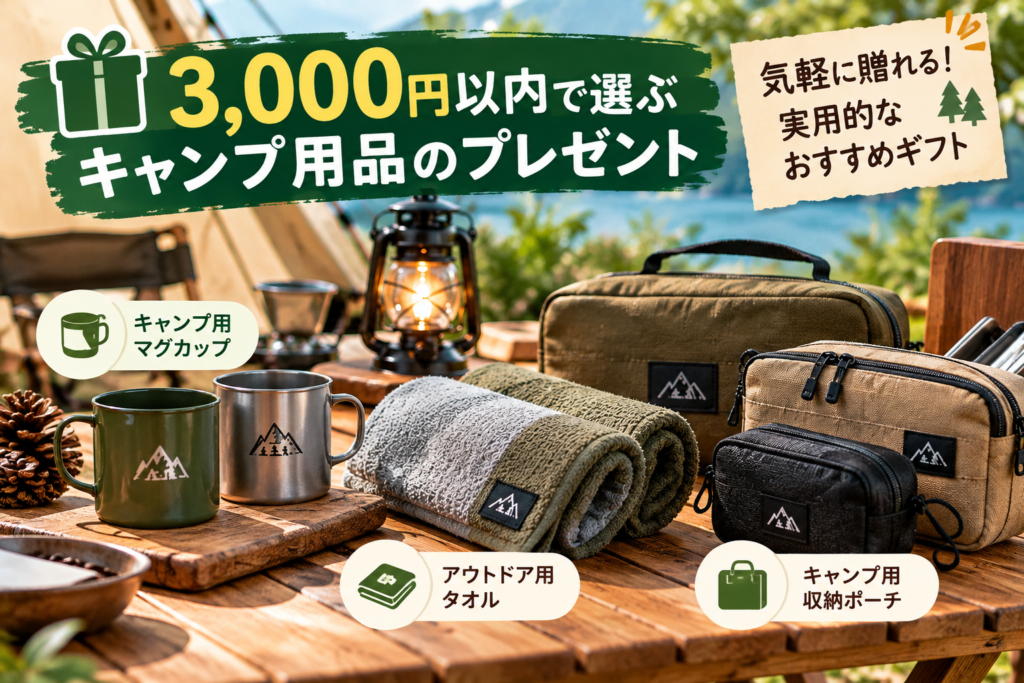 3,000円以内で選ぶキャンプ用品のプレゼント。マグカップ、アウトドアタオル、収納ポーチなどのギフト候補