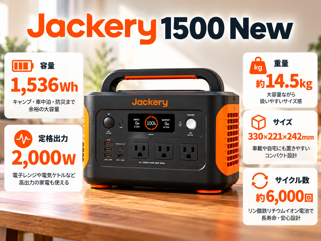 製品単体＋主要スペックのカタログ風。余白を多くしてシンプルに「1536Wh」「2000W」「約14.5kg」