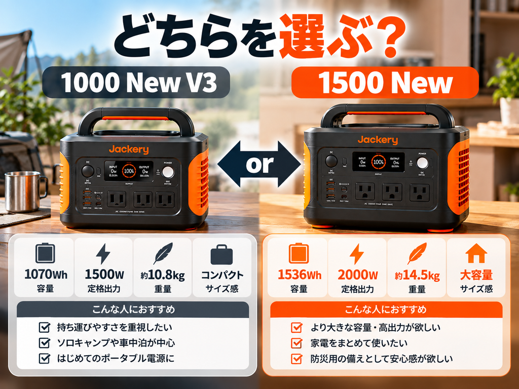 1000 New V3と1500 Newを左右に並べた比較画像「1000 New V3 ↔ 1500 New」「軽さ ↔ 容量・出力」