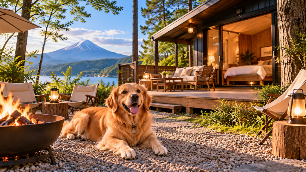 山中湖周辺をイメージした湖と山の風景に、木造キャビンと愛犬を組み合わせました。⑧の温泉、⑨の海辺とは変えて、山と湖を背景にした開放的なシーン