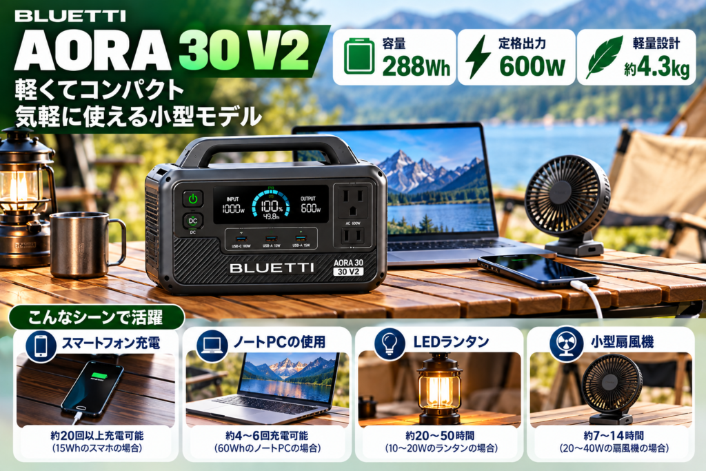 小容量モデル向け用途。スマホ・PC・LEDランタン・小型扇風機を中心に、「288Wh／600W／軽さ重視」を表示