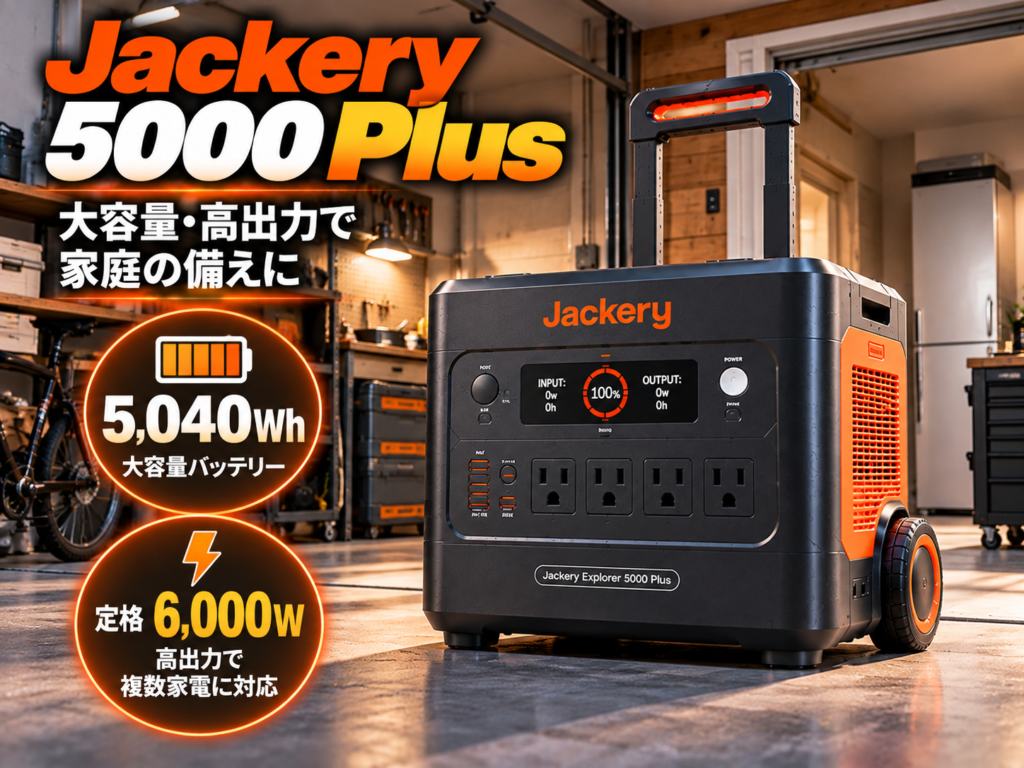 5000 Plus単体を住宅ガレージ内に配置した製品広告風。キャスター・伸縮ハンドルも見える角度