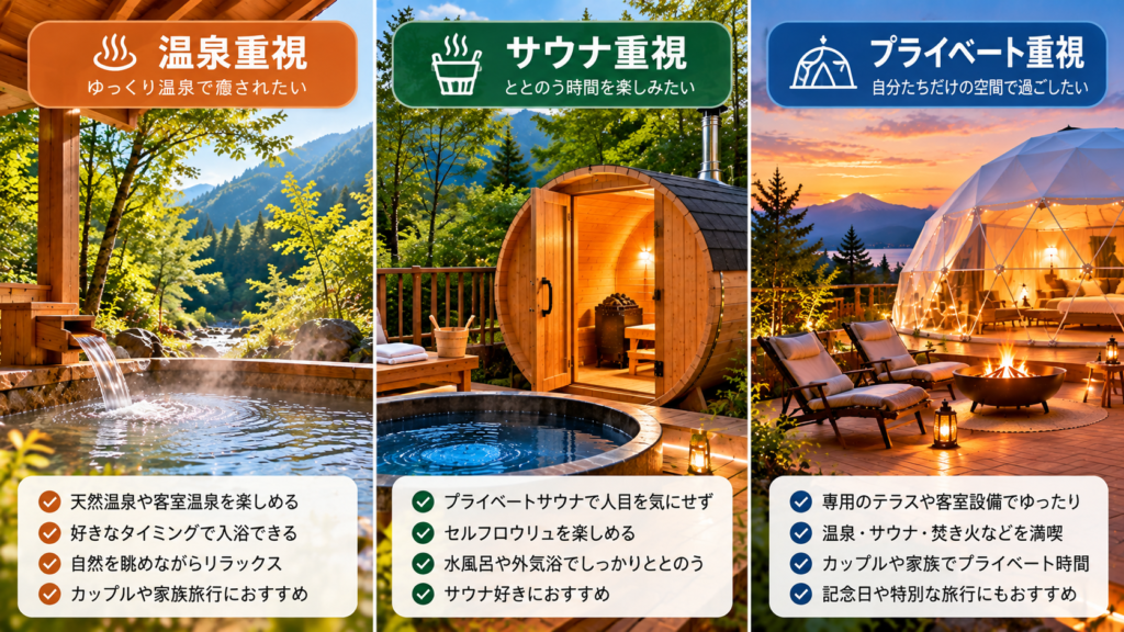 温泉重視： 自然に囲まれた露天風呂
サウナ重視： 樽型サウナと水風呂
プライベート重視： 専用の屋外テラスと宿泊ドーム