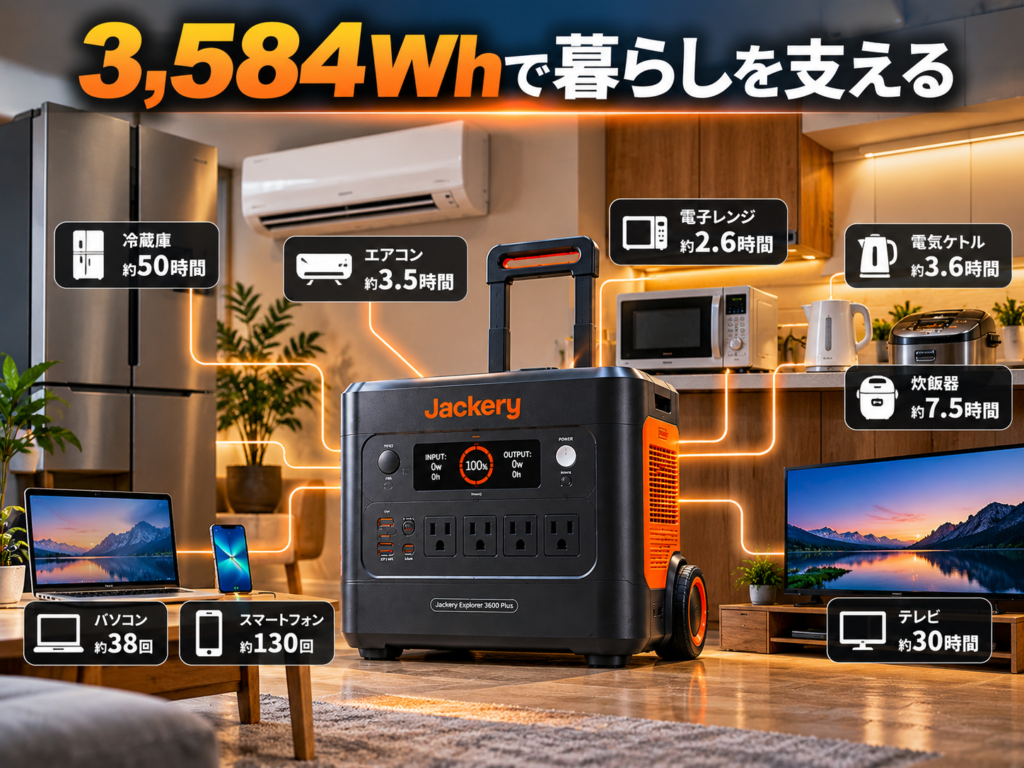 3600 Plusを中央に、冷蔵庫・エアコン・電子レンジ・PC・スマホなどを周囲へ配置