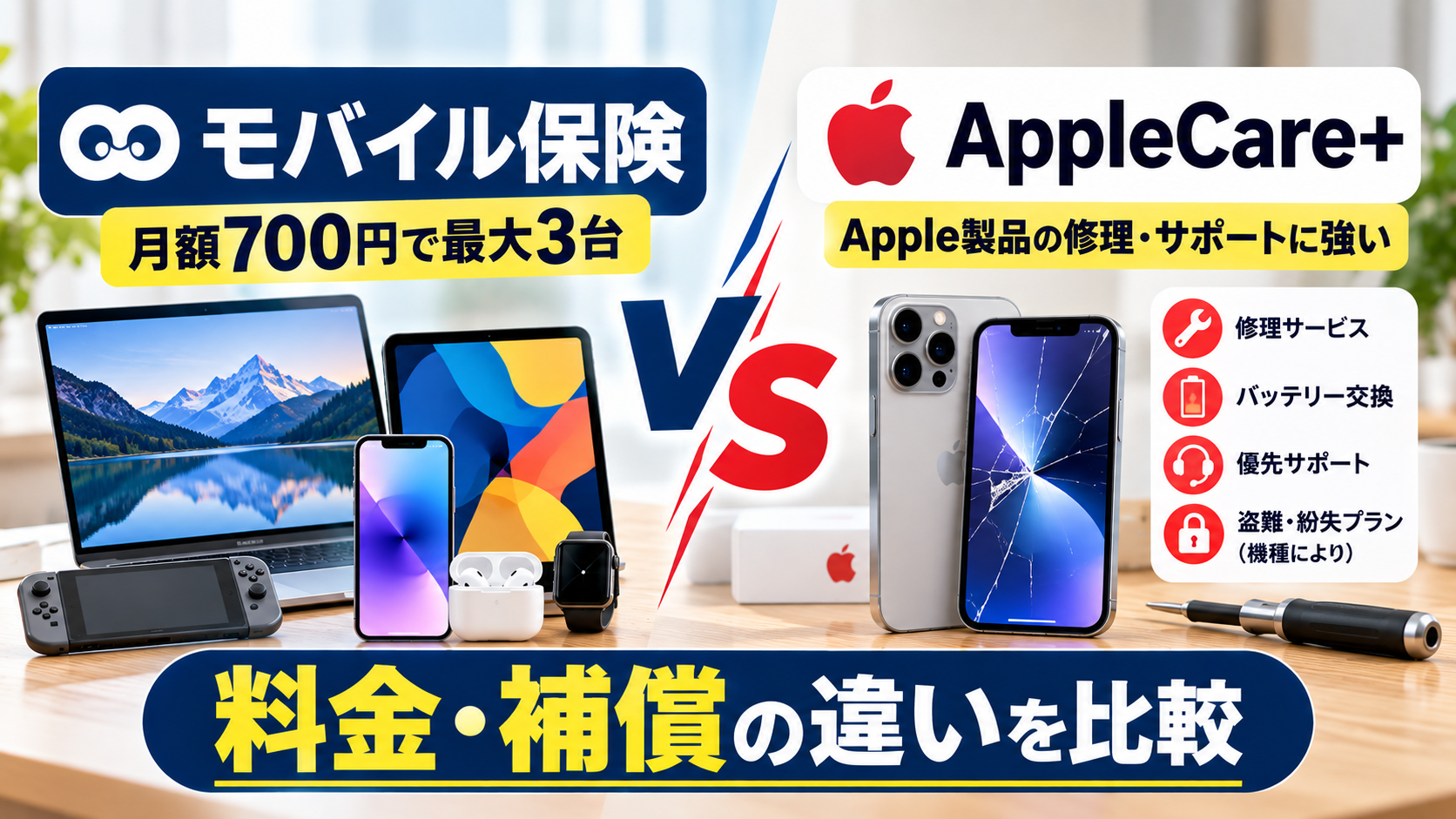 左側：スマートフォン、タブレット、ノートパソコン 右側：iPhoneと修理をイメージさせる工具 中央：VSの文字 背景：白を基調にしたシンプルなデスク