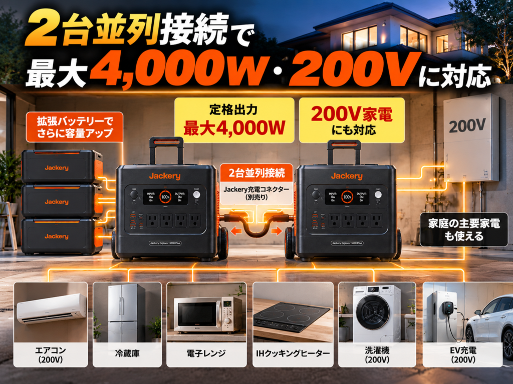 3600 Plusを2台左右に配置し、中央に接続イメージ。背景に住宅と200V家電をシンプルに配置