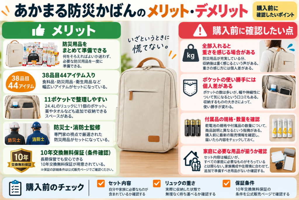 あかまる防災かばんのメリットと購入前の注意点。38品目44アイテム、11ポケット、専門家監修、10年交換無料保証、リュックの重さ、付属品の仕様、家庭に必要な用品を確認するポイントを紹介。