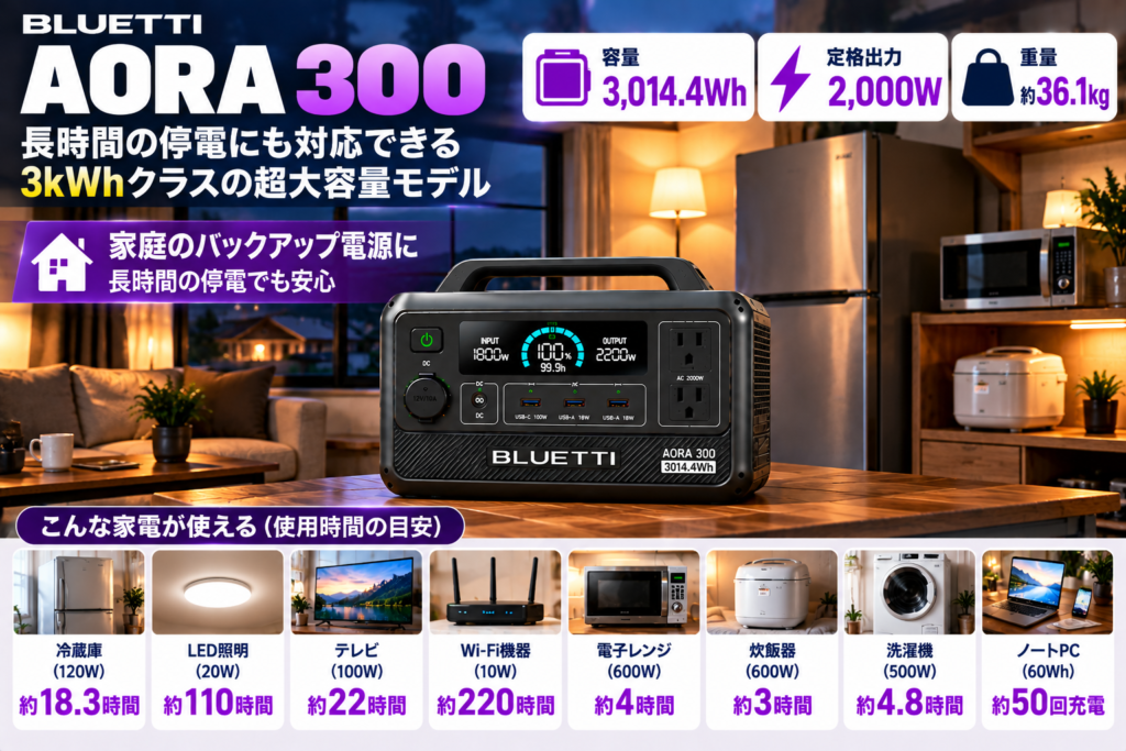 住宅のバックアップ電源を主役にする。「3,014.4Wh／2,000W」「長時間停電にも」。冷蔵庫・照明・Wi-Fiなどへ給電