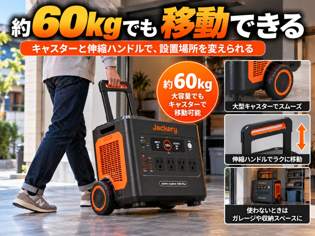 住宅内またはガレージで、伸縮ハンドルを使って5000 Plusをキャスター移動している場面
