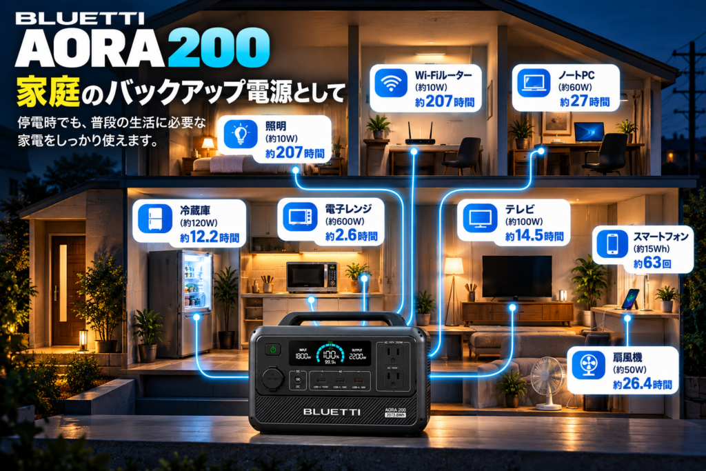 停電時の家庭を俯瞰した断面図風。AORA 200から冷蔵庫・Wi-Fi・照明・スマホなどへ給電。「家庭防災」を視覚化
