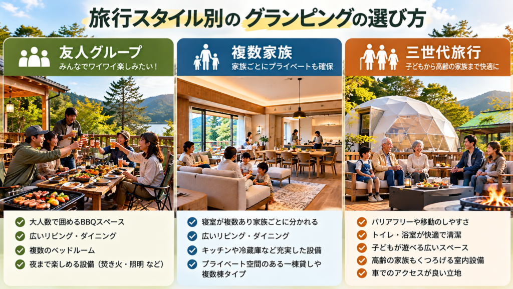 3つのパターンを横並びにした比較画像にします。
パターン	画像の内容	伝えるポイント
友人グループ	大人数でBBQを楽しむ様子	みんなで楽しめる設備
複数家族	家族ごとに分かれた寝室	プライベート空間
三世代旅行	大人と子ども、高齢の家族がくつろぐ様子	移動のしやすさと設備