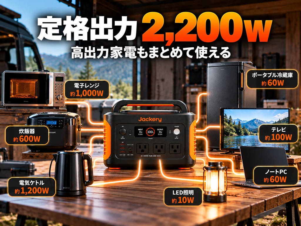 電源タップのように2000 Newから複数の家電へ電力が流れる図解。電子レンジ・ケトル・炊飯器・冷蔵庫など
