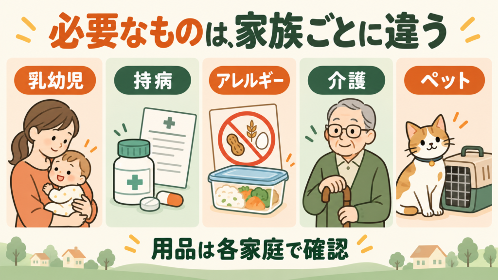 乳幼児や持病、アレルギー、介護、ペットなど家庭ごとの備え