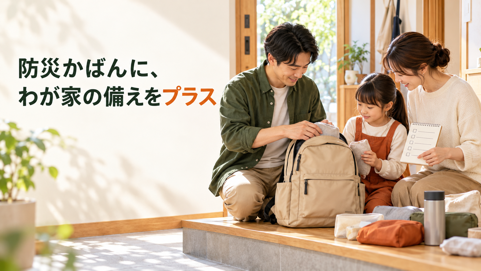 家族で防災リュックと家庭の備蓄を確認している様子