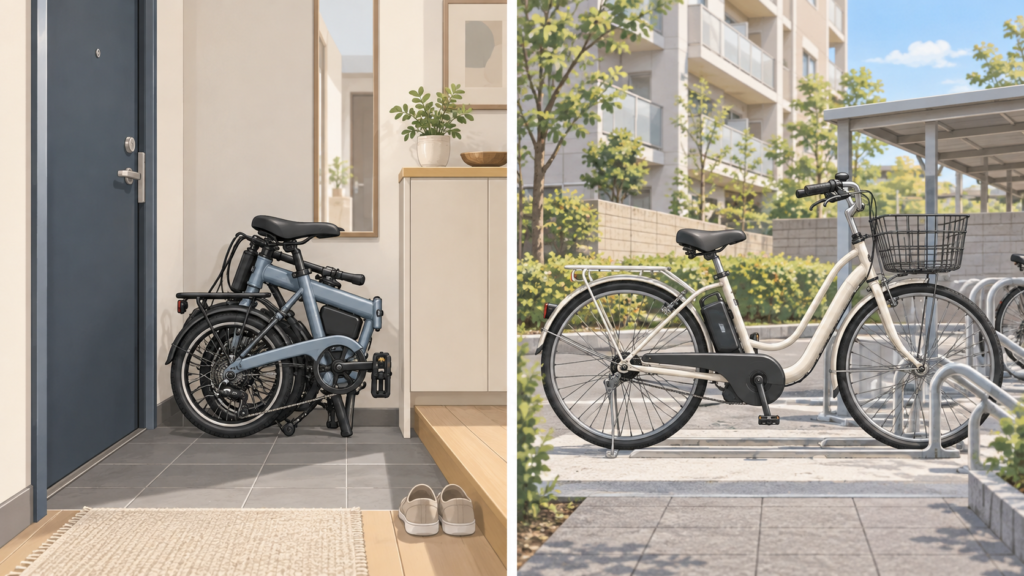 折りたたみ自転車と通常フレームの保管方法の違いを示すイラスト