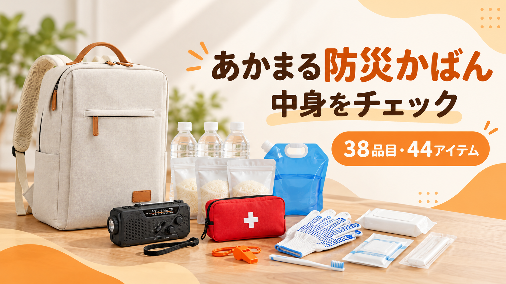 「防災リュックと保存水などの防災用品」