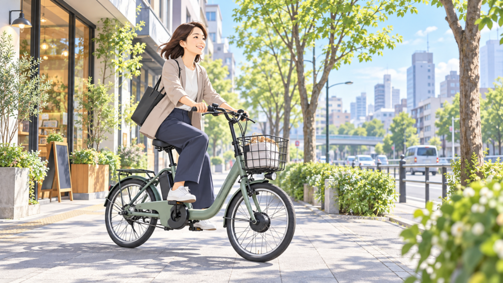 街なかで電動アシスト自転車を利用する人のイメージ