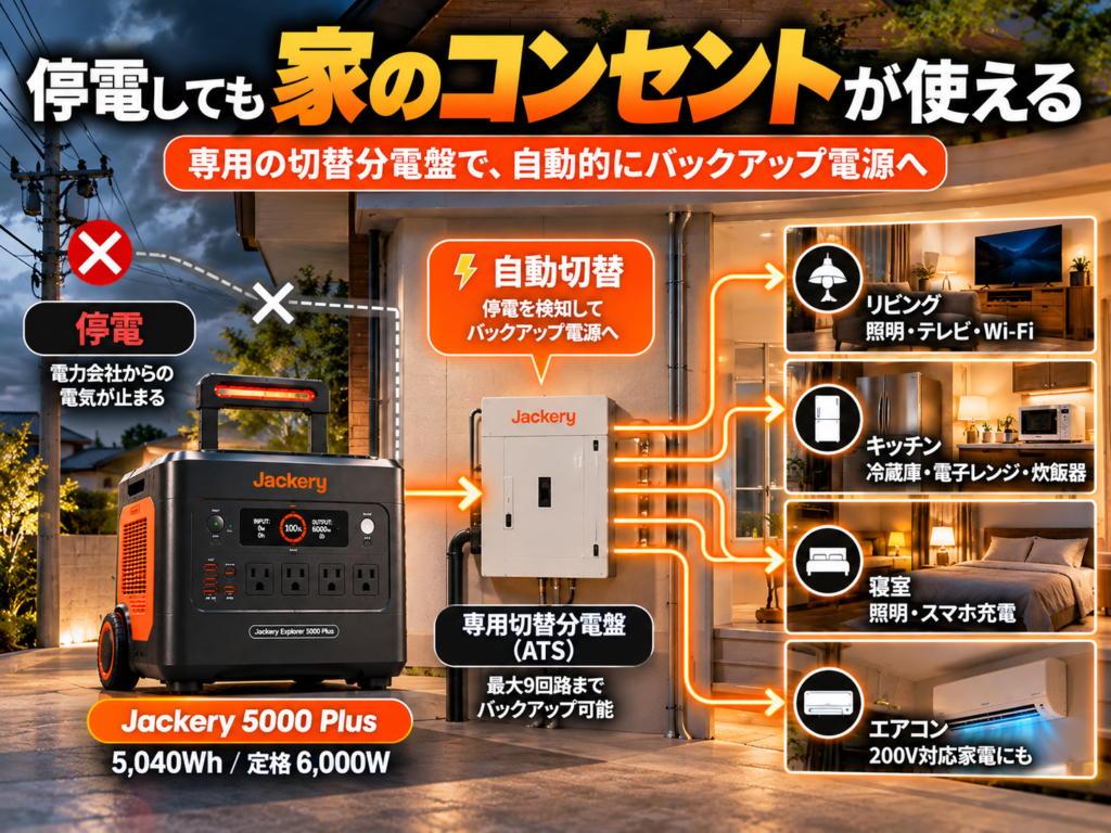 今回の記事で最重要の画像。 5000 Plus→専用切替分電盤→住宅→各部屋へ電力が流れる図解