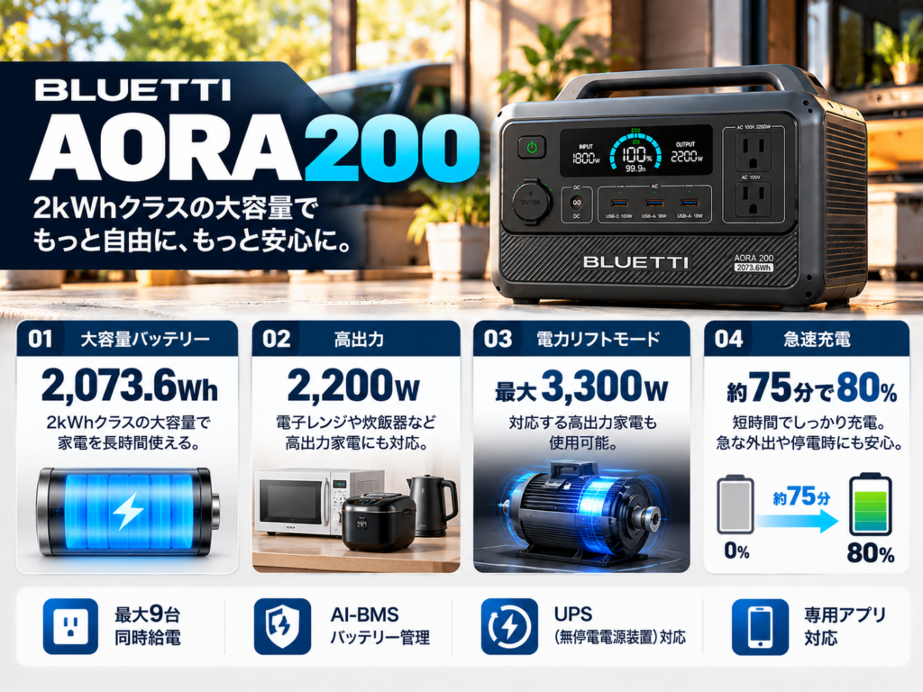 AORA 200基本スペック図解。2,073.6Wh／2,200W／電力リフト最大3,300W／約75分で80％を4ブロックで表示