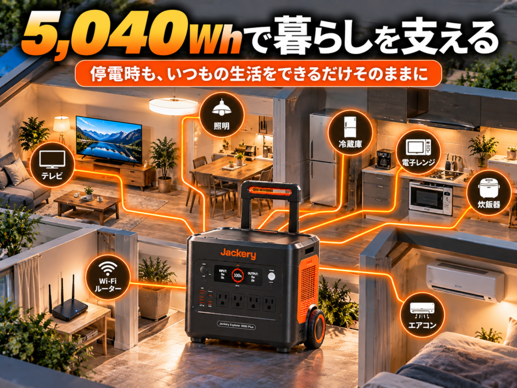住宅のリビング・キッチンを俯瞰し、5000 Plusから冷蔵庫・照明・Wi-Fi・テレビ・電子レンジなどへ給電