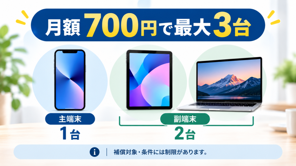 スマートフォンを中央に配置し、その周囲にタブレットとノートパソコンを配置します。