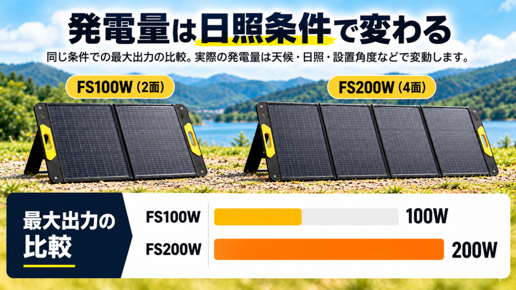 BougeRVの折りたたみ式ソーラーパネルFS100WとFS200Wの最大出力を比較。100Wモデルと200Wモデルのパネル構成と出力の違いを紹介。