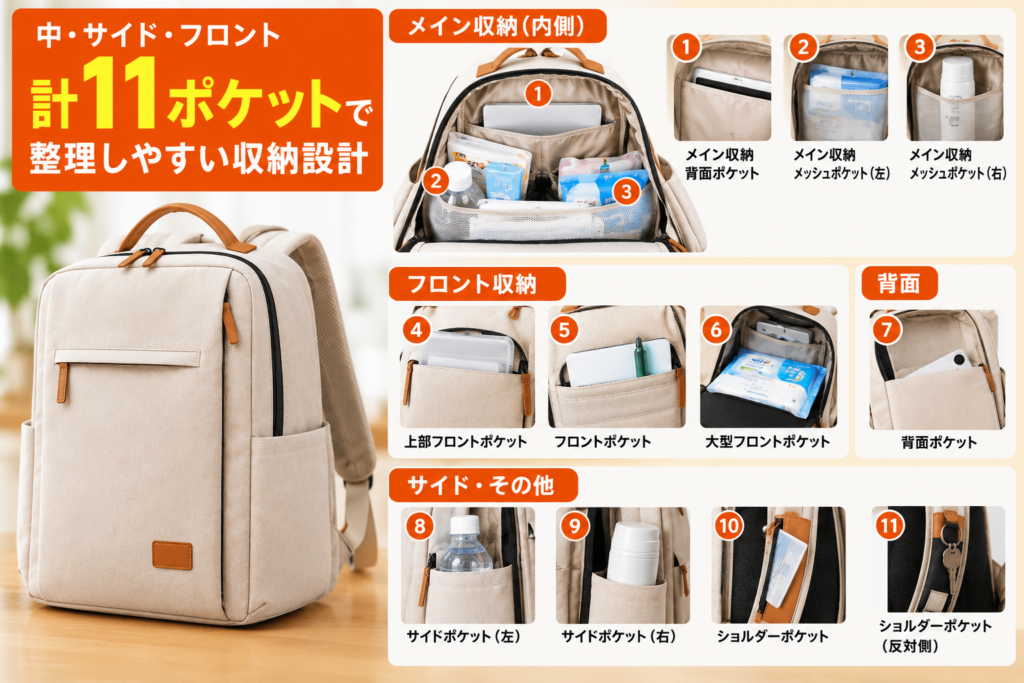 あかまる防災かばんの11ポケットと収納スペースを紹介する画像