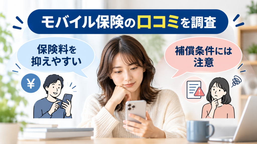 スマートフォンを見ながら、修理費用や保険の評判を調べている様子。
吹き出しを左右に配置して、良い評価と気になる評価を対比させます。