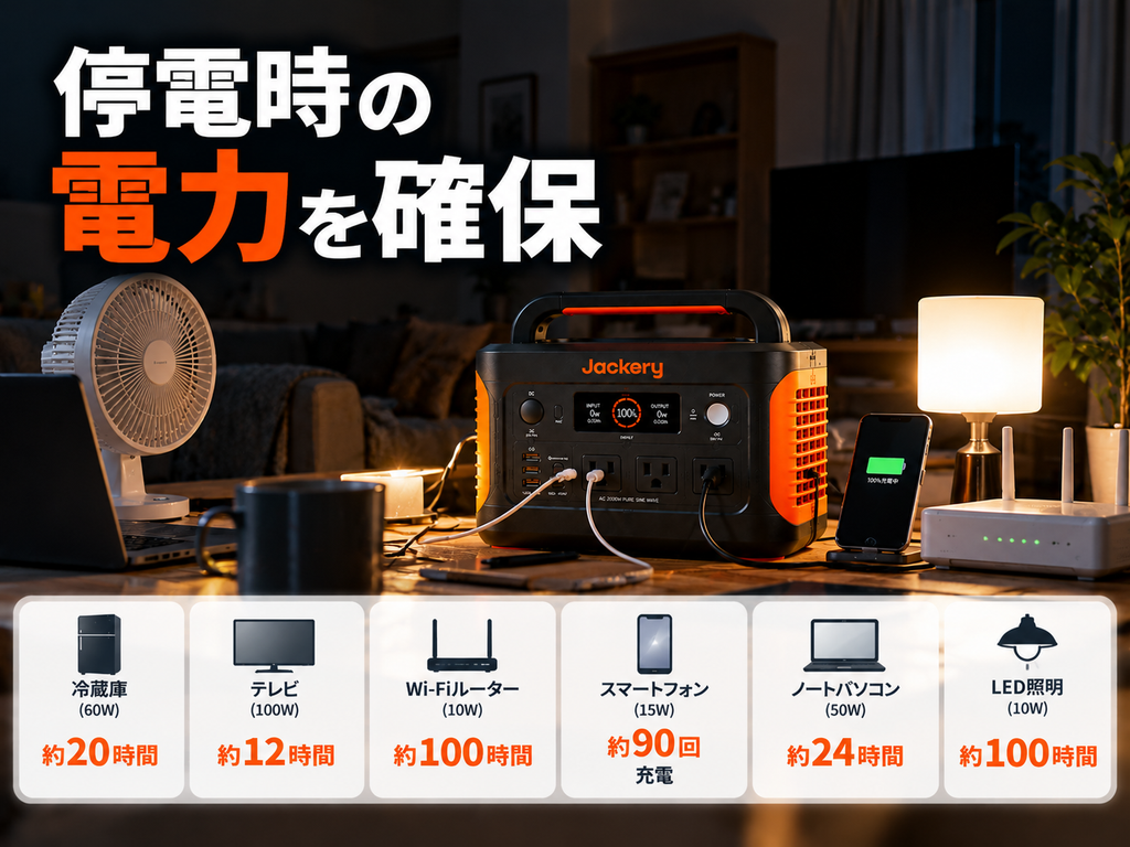 停電した住宅の一室。周囲は暗いが1500 Newで照明・スマホ・Wi-Fiなどを確保「停電時の電力を確保」